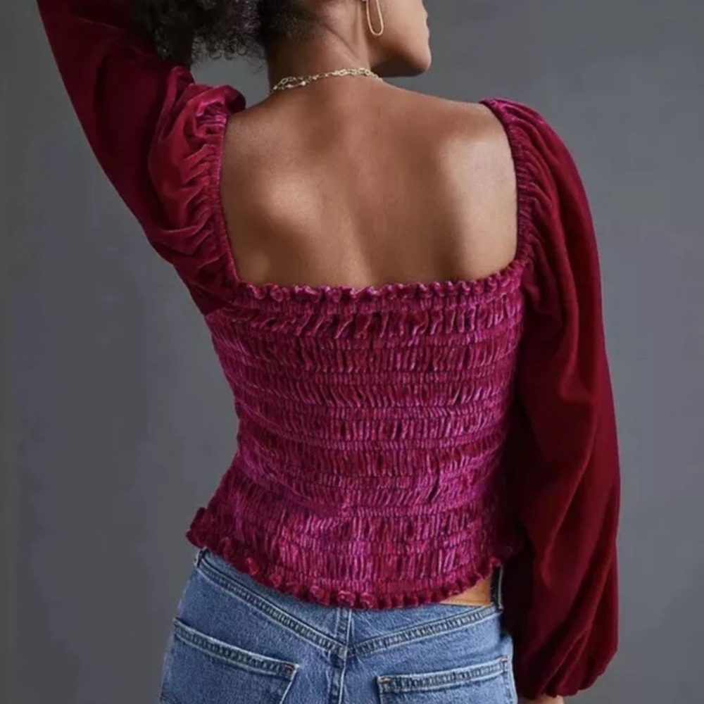 ANTHROPOLOGIE SMOCKED PUFF SLEEVE RASPBERRY VELVET TOP LARGE - Picture 3 of 9